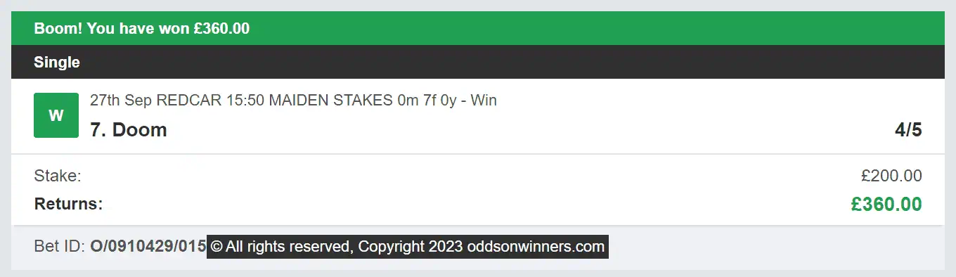 Odds On Winners - Winner - 2023-09-27