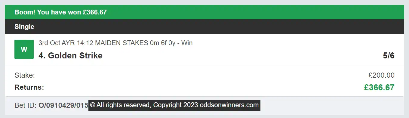 Odds On Winners - Winner - 2023-10-03