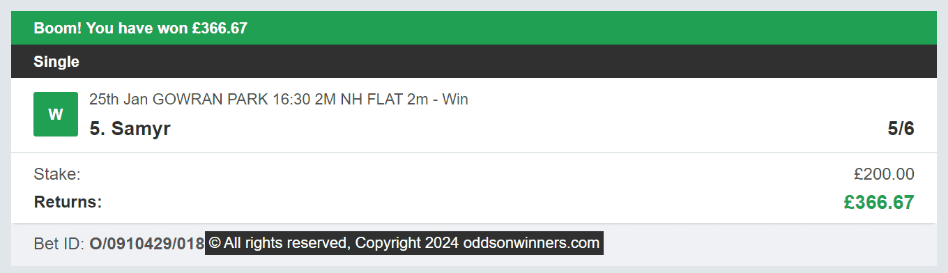 Odds On Winners - Winner - 2024-01-25