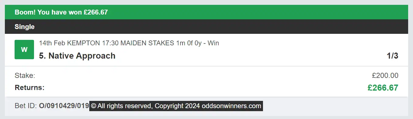Odds On Winners - Winner - 2024-02-14