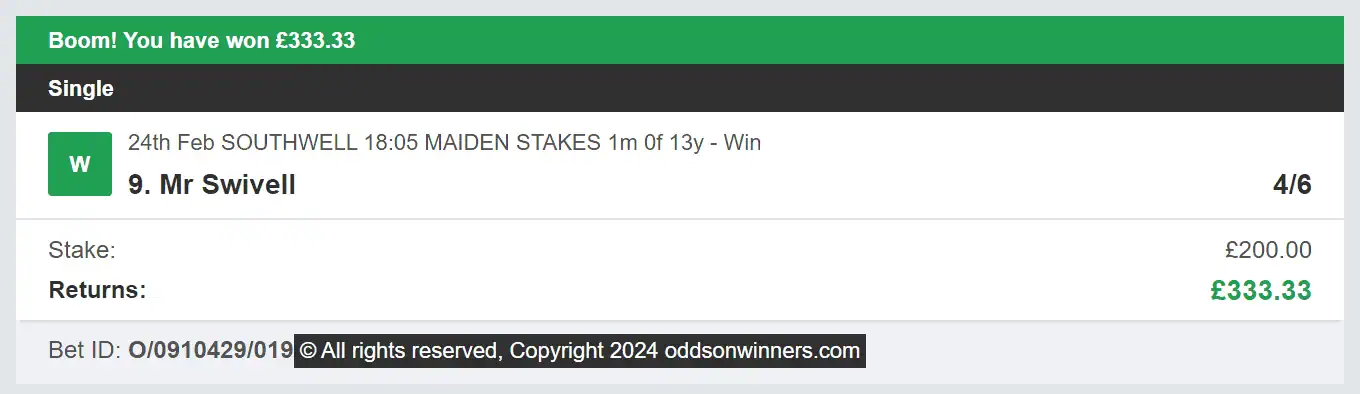 Odds On Winners - Winner - 2024-02-24