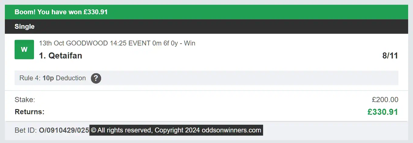 Odds On Winners - Winner - 2024-10-13