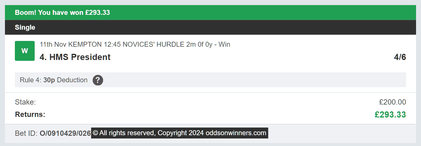 Odds On Winners - Winner - 2024-11-11